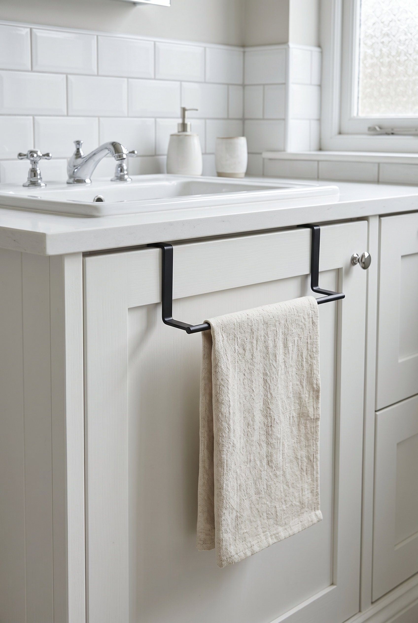 Filora Home Cabinet Door Hand Towel Holder — in a classic English bathroom