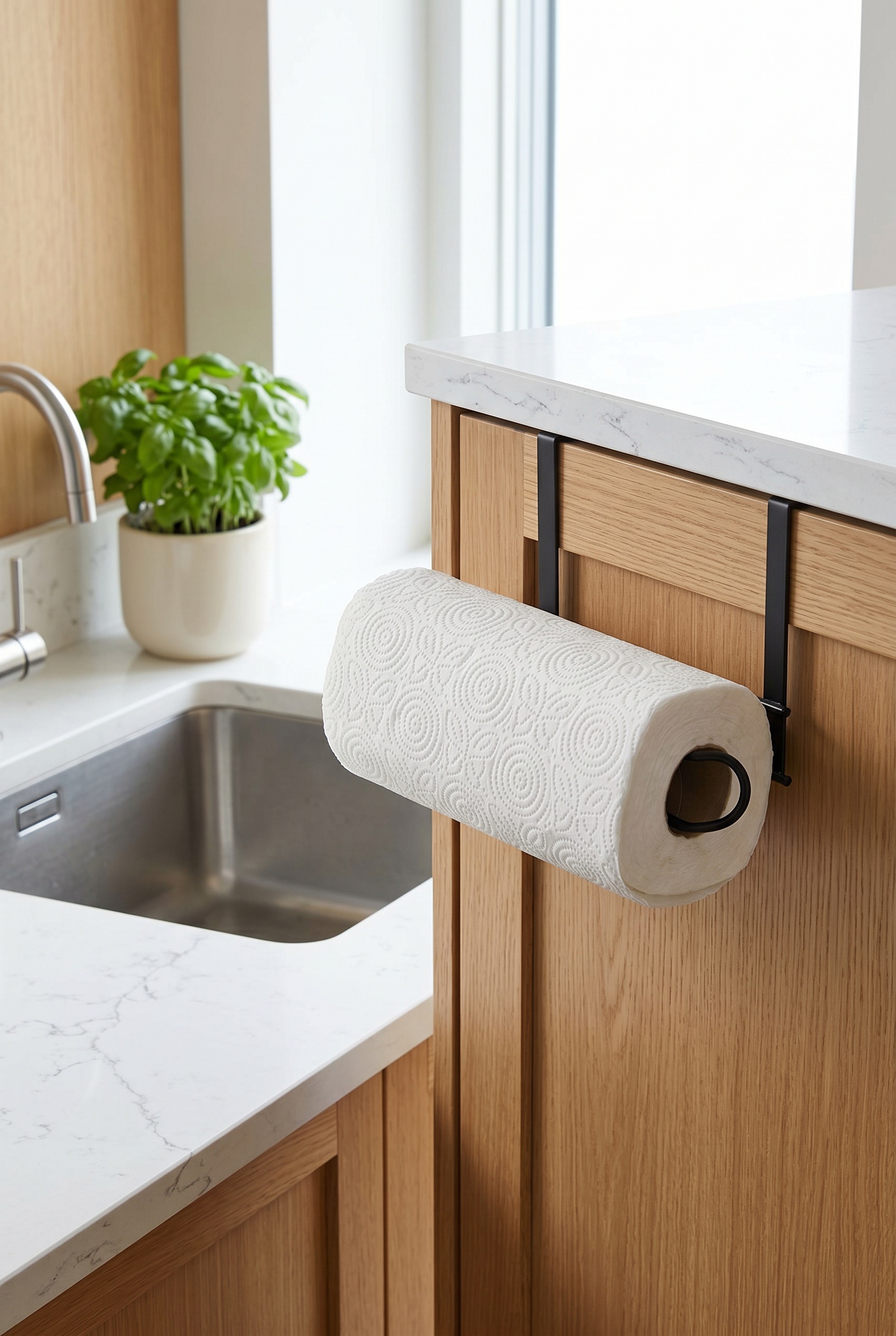Filora Home Cabinet Door Paper Towel Holder — in a modern Scandinavian kitchen