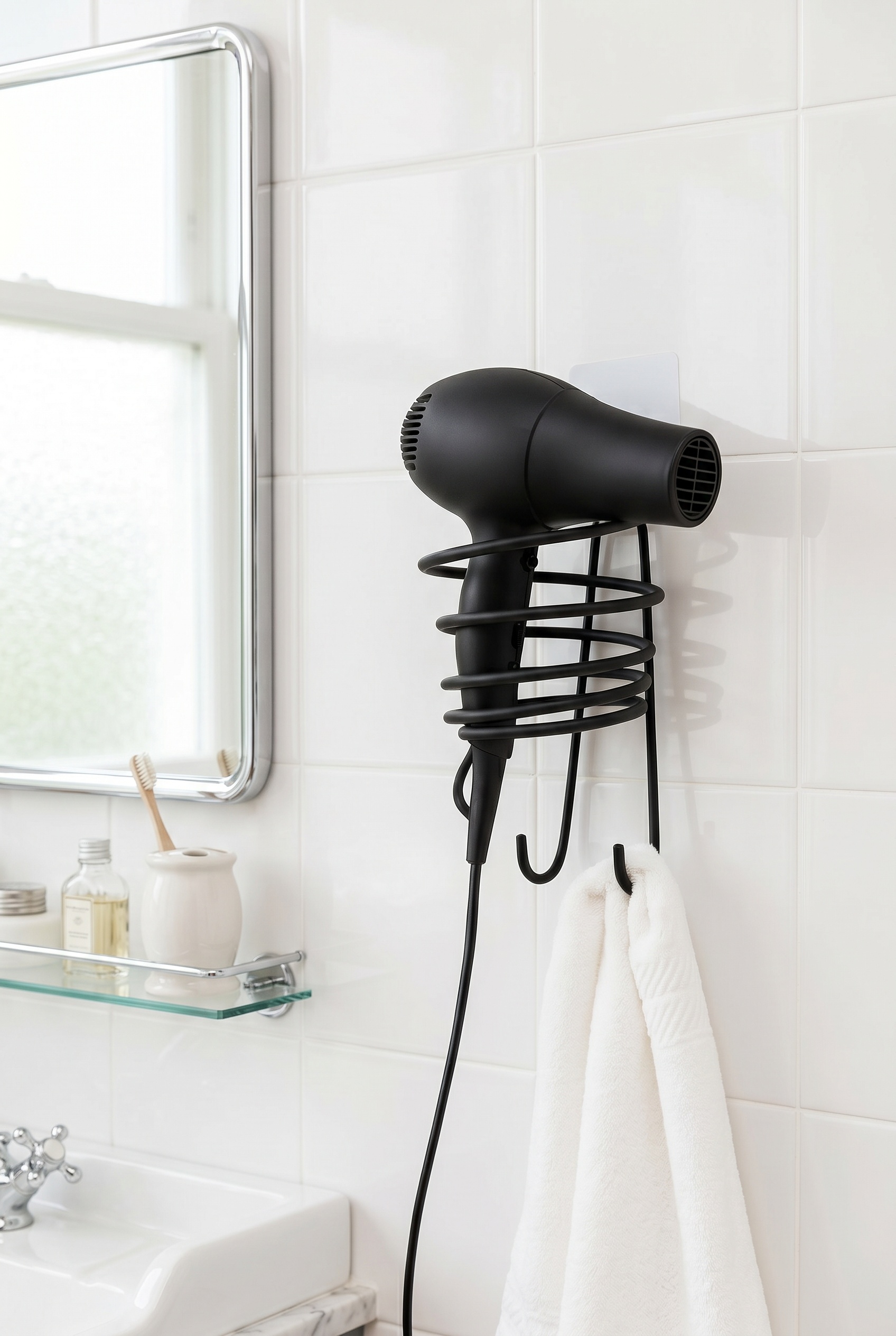 Filora Home Hair Dryer Holder — in a classic English bathroom