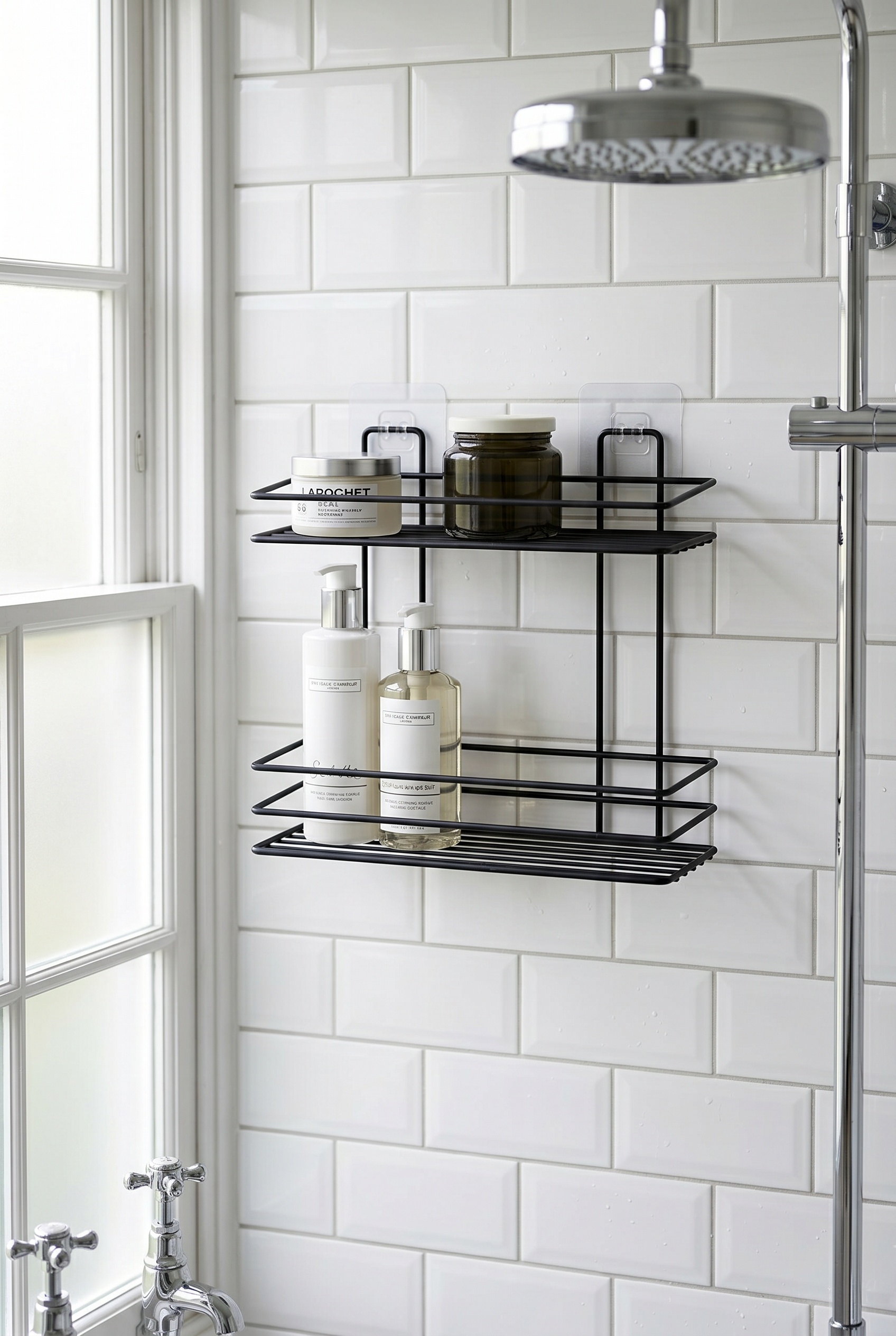 Filora Home Rectangle 2-Tier Shampoo Shelf — in a classic English bathroom