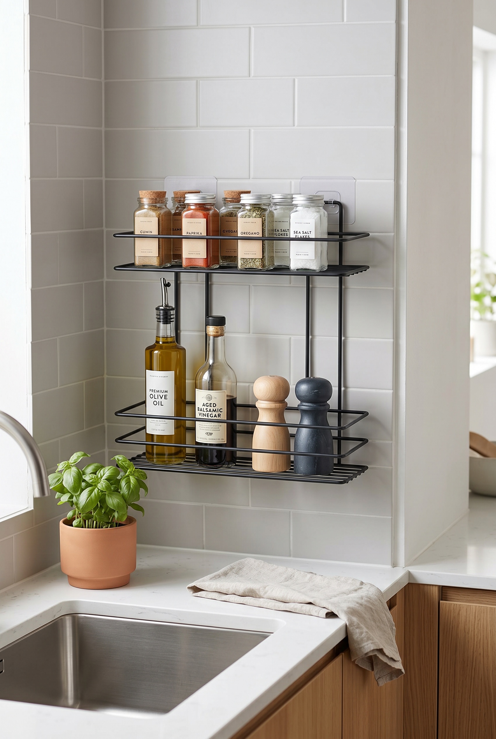 Filora Home Rectangle 2-Tier Shampoo Shelf — in a modern Scandinavian kitchen
