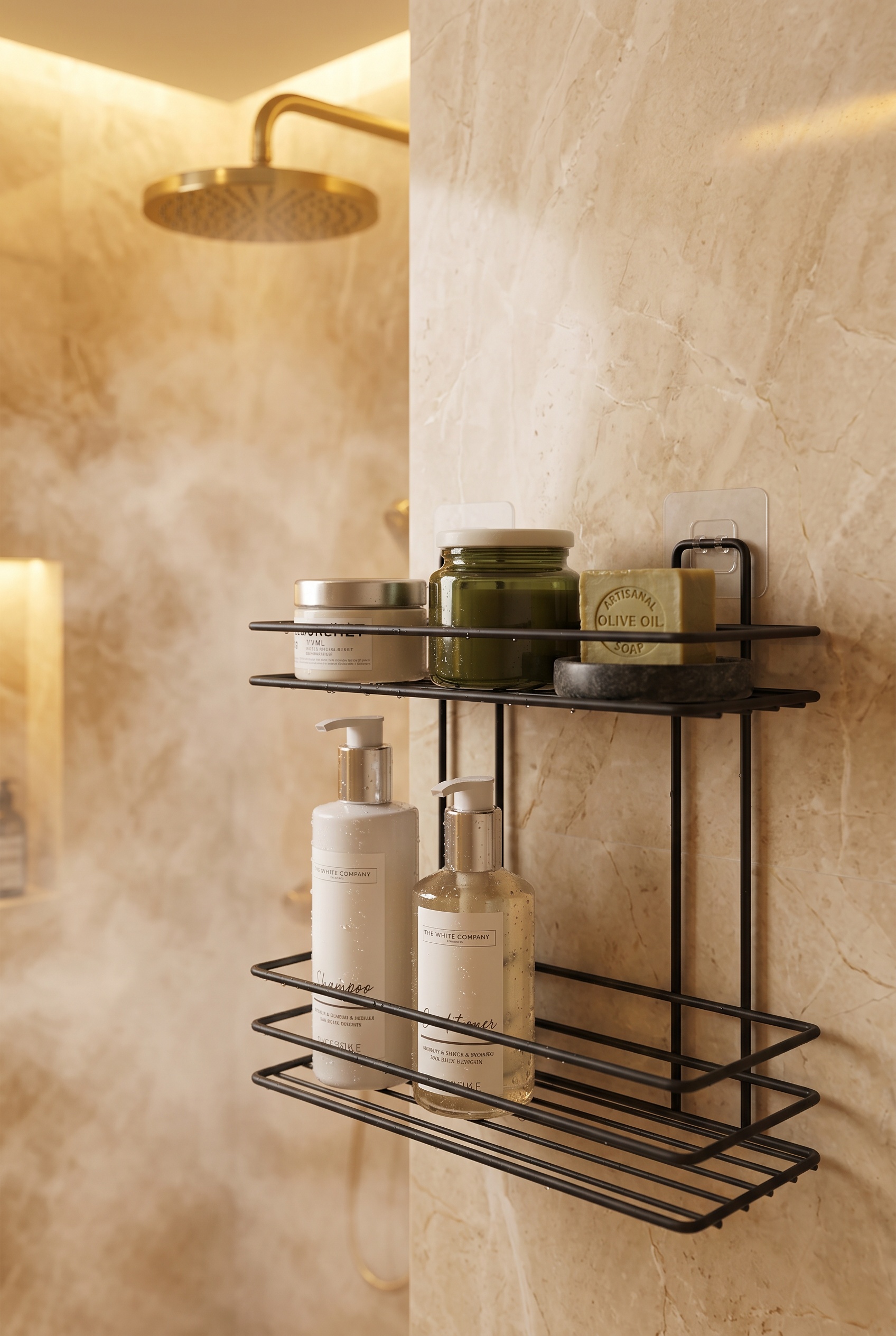 Filora Home Rectangle 2-Tier Shampoo Shelf — in a Turkish bathroom setting
