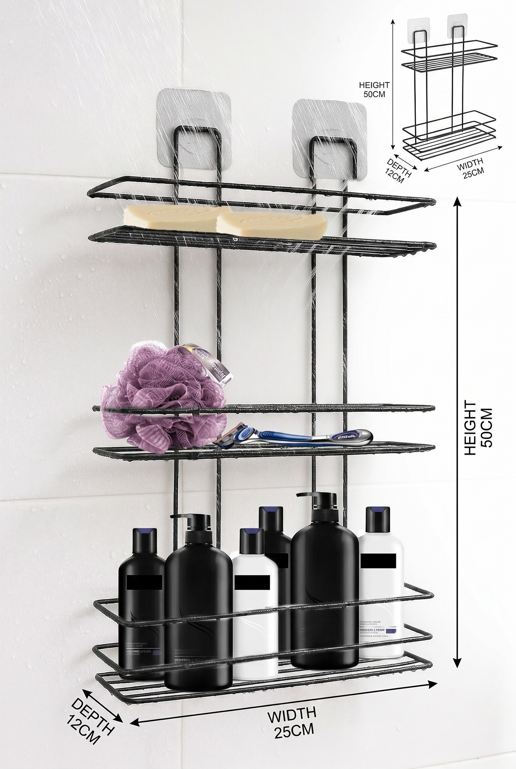 Filora Home Rectangle 3-Tier Shampoo Shelf — product dimensions and measurements