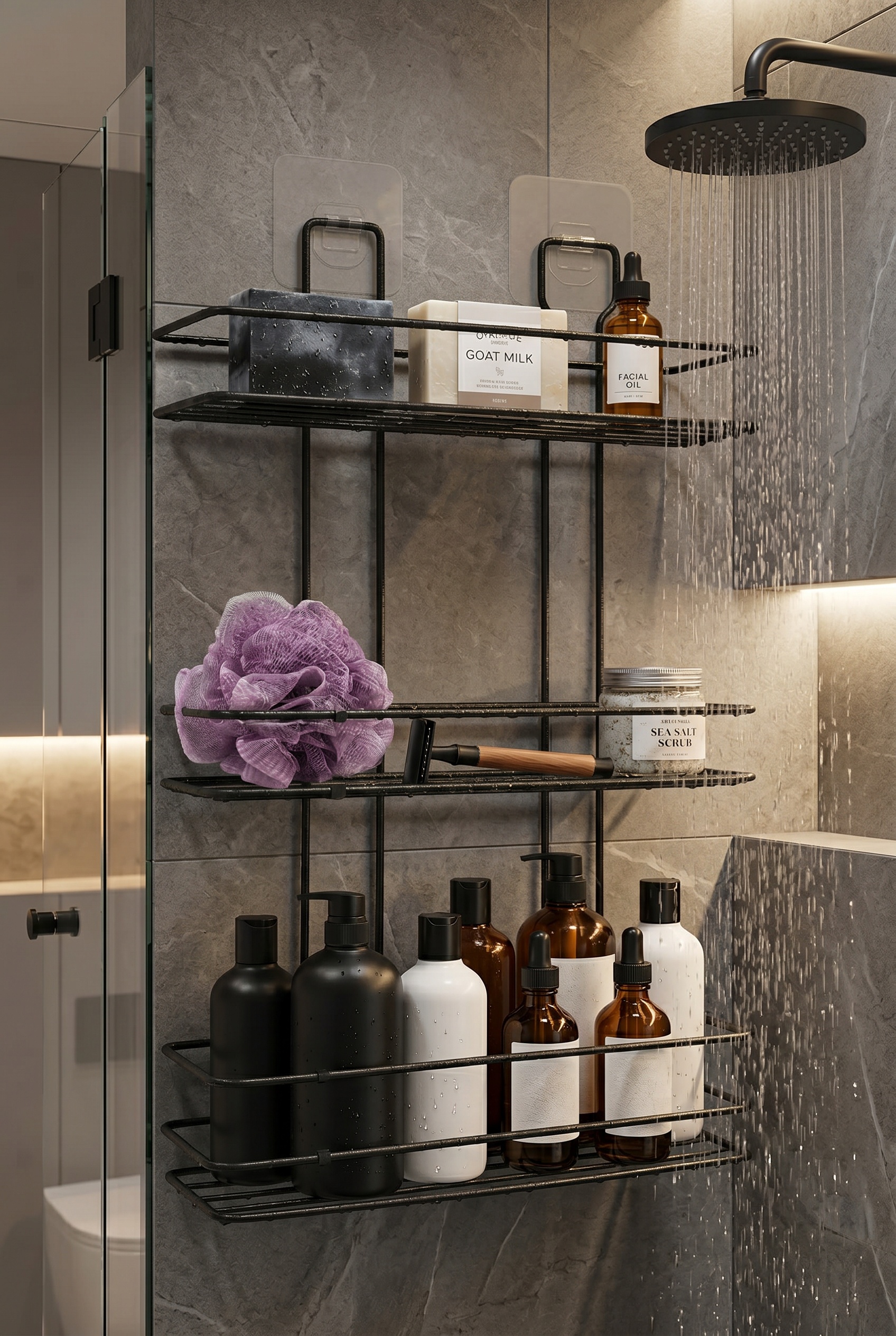 Filora Home Rectangle 3-Tier Shampoo Shelf — in a modern Scandinavian kitchen