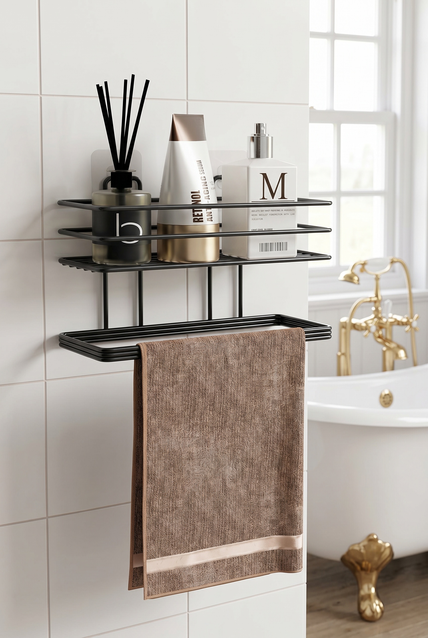Filora Home Shelf Rectangle Hand Towel Holder — in a classic English bathroom