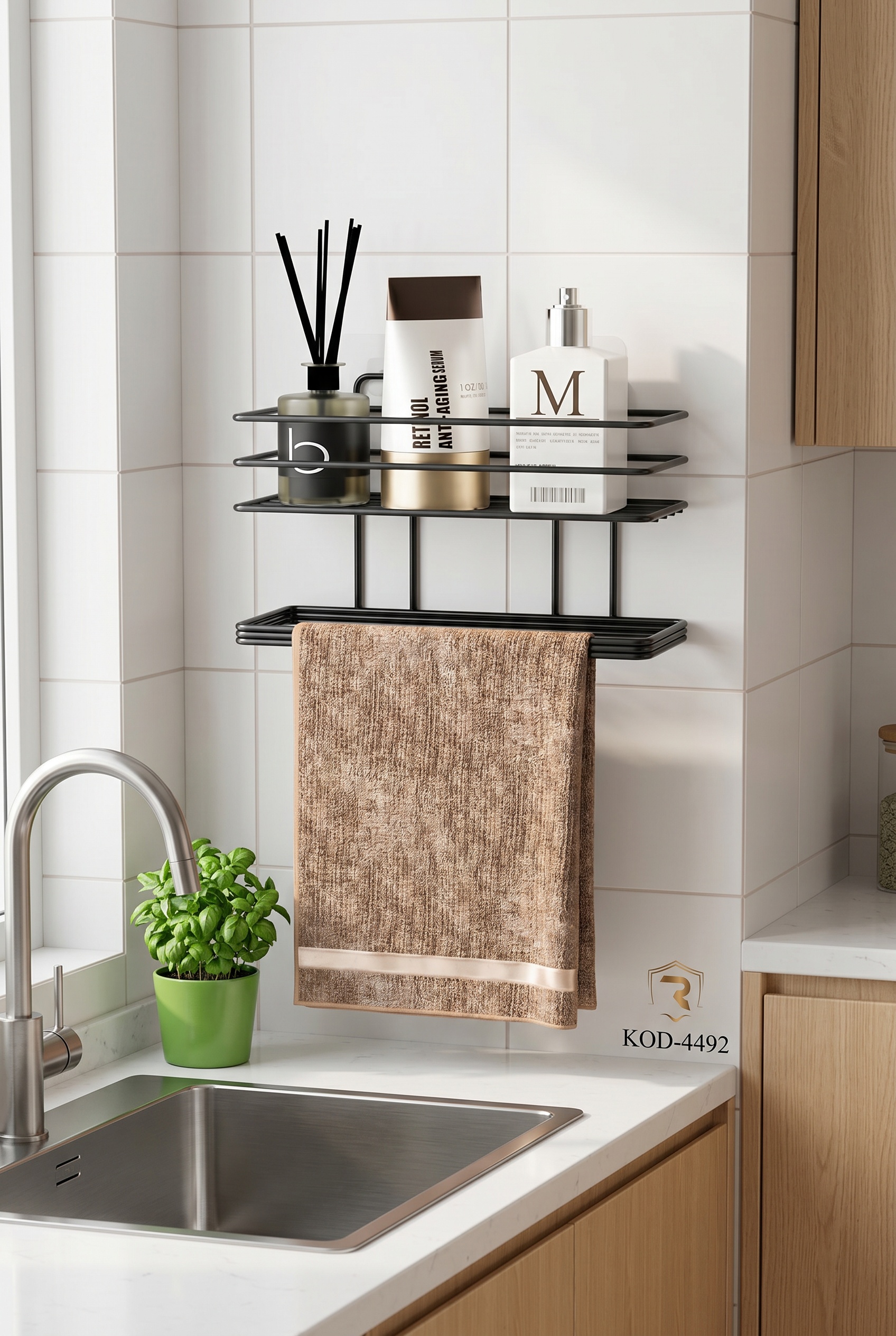 Filora Home Shelf Rectangle Hand Towel Holder — in a modern Scandinavian kitchen