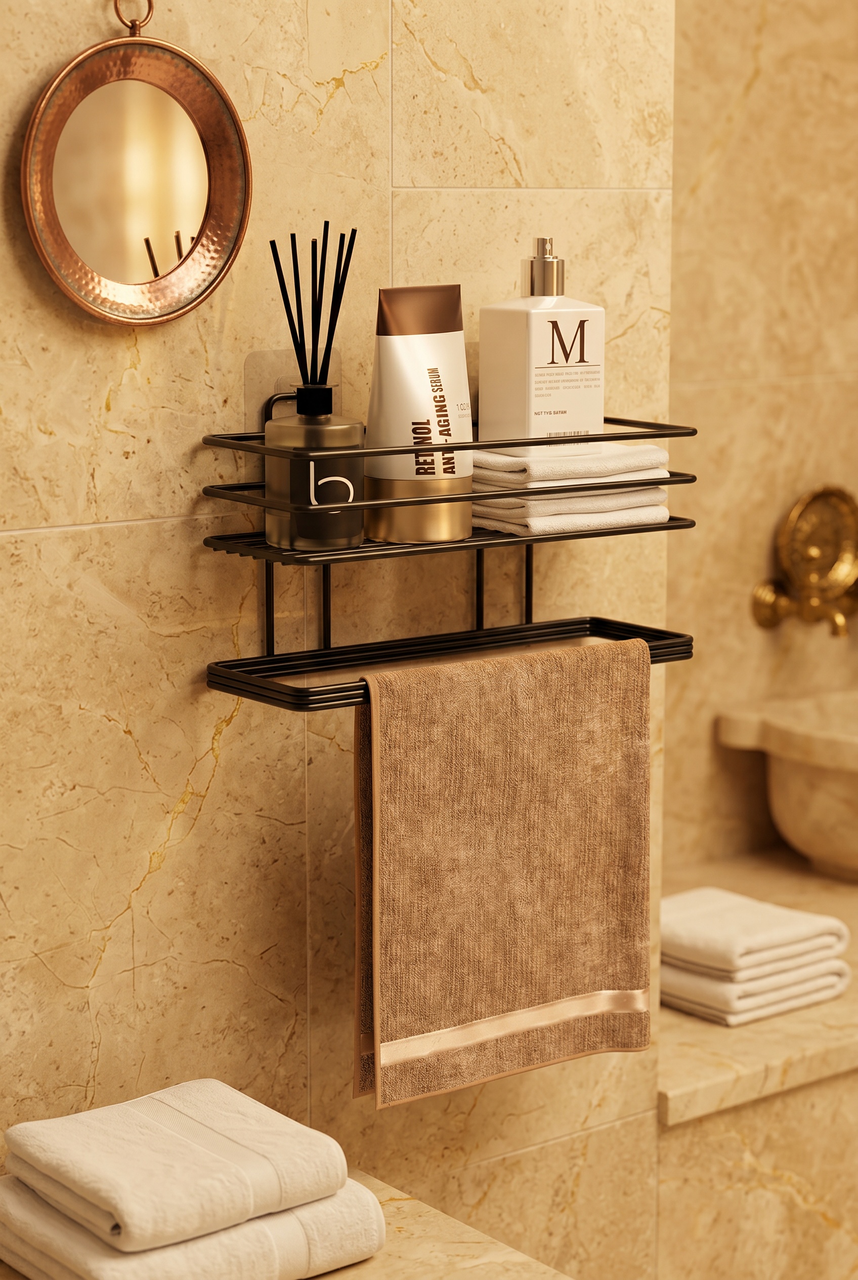Filora Home Shelf Rectangle Hand Towel Holder — in a Turkish bathroom setting