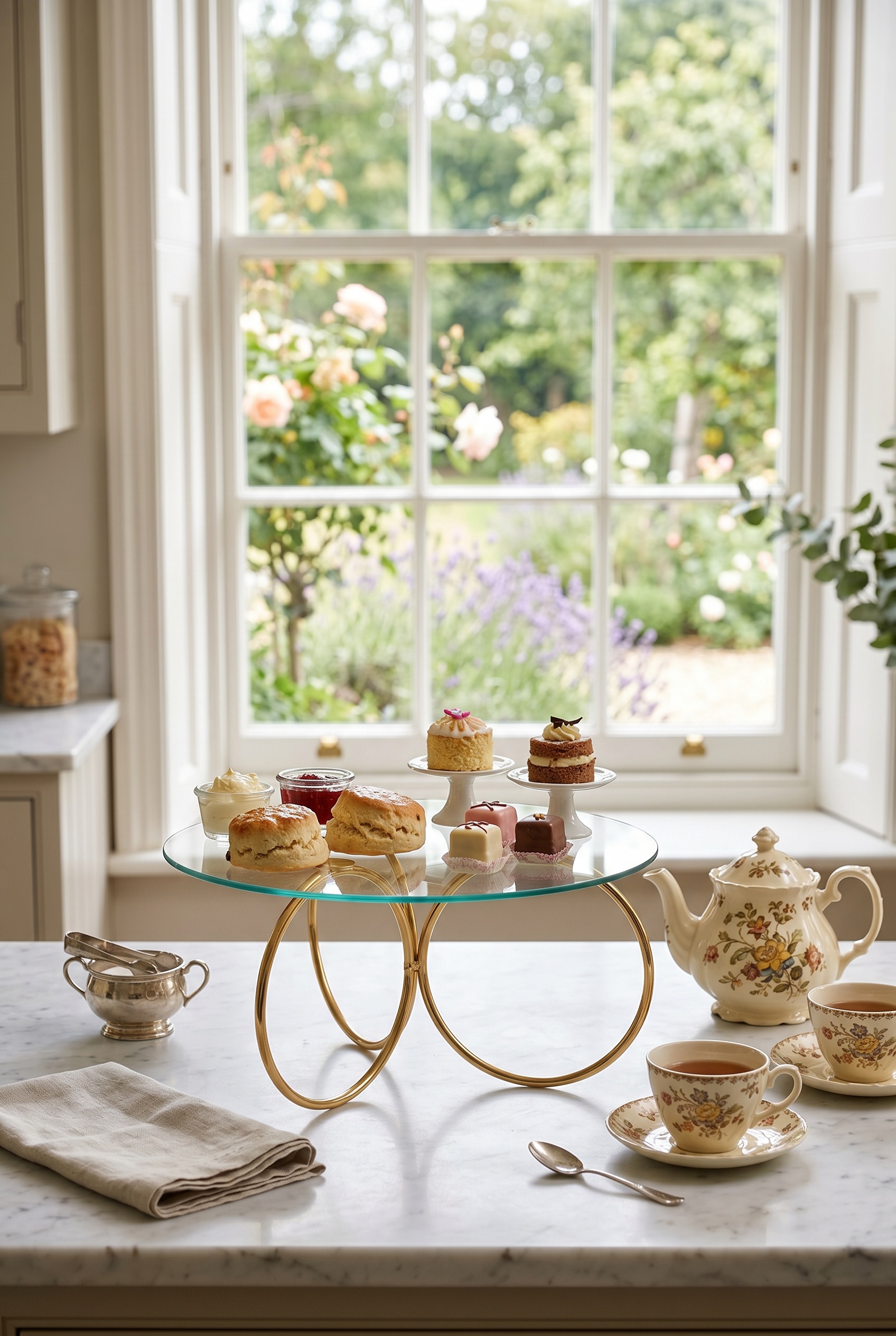 Filora Home Wire Glass Cake Stand — in a classic English bathroom