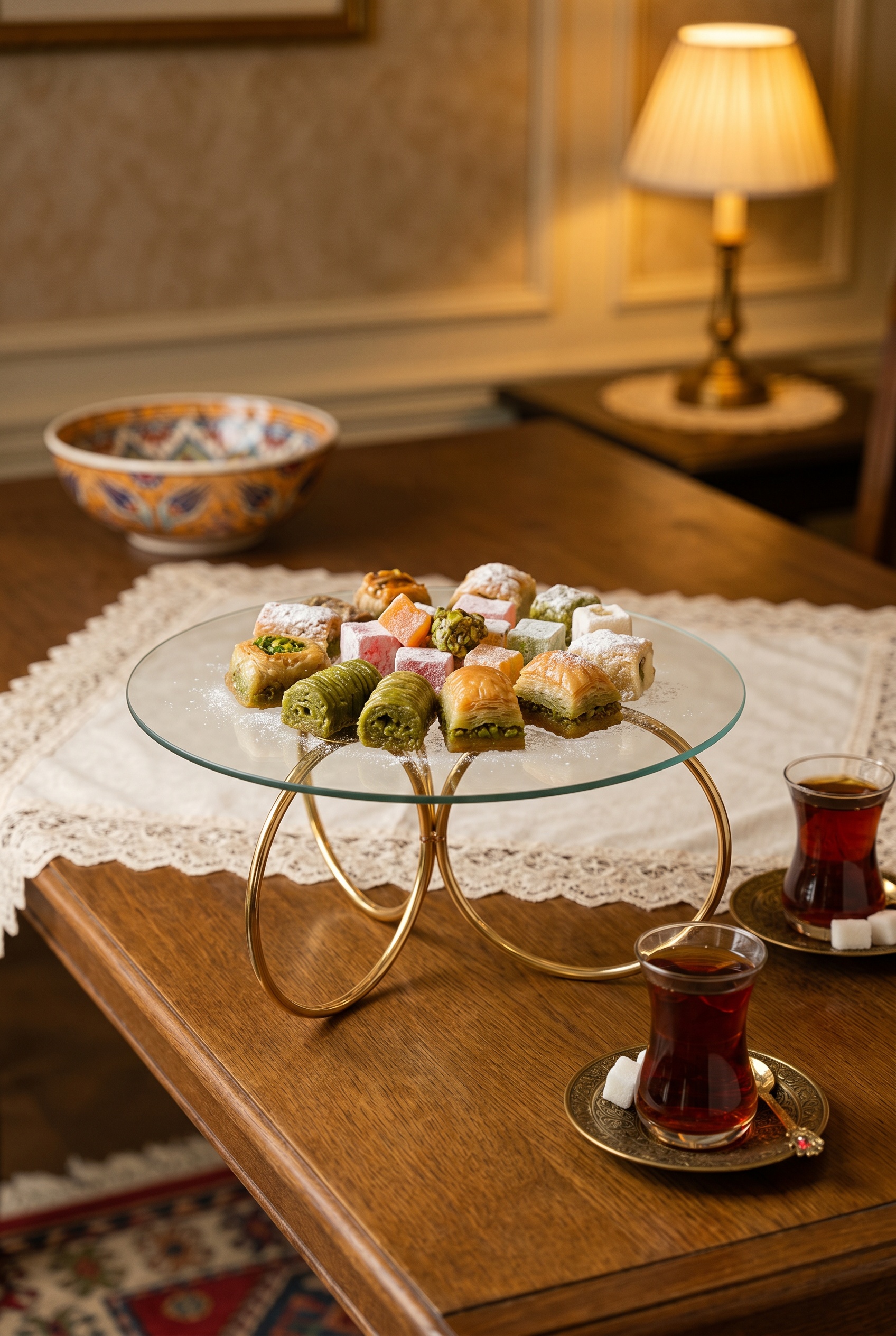 Filora Home Wire Glass Cake Stand — in a Turkish bathroom setting